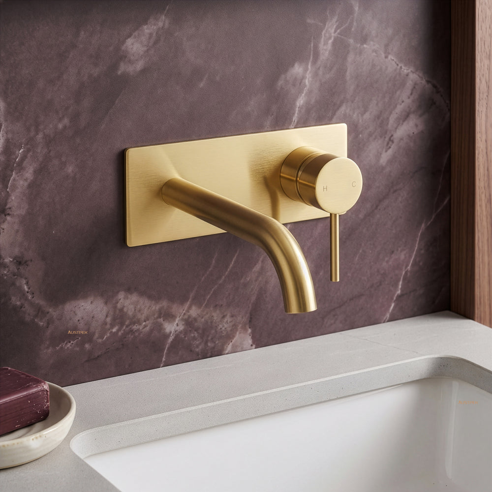 IKON HALI WALL BASIN MIXER CURVED SPOUT 190MM BRUSHED GOLD