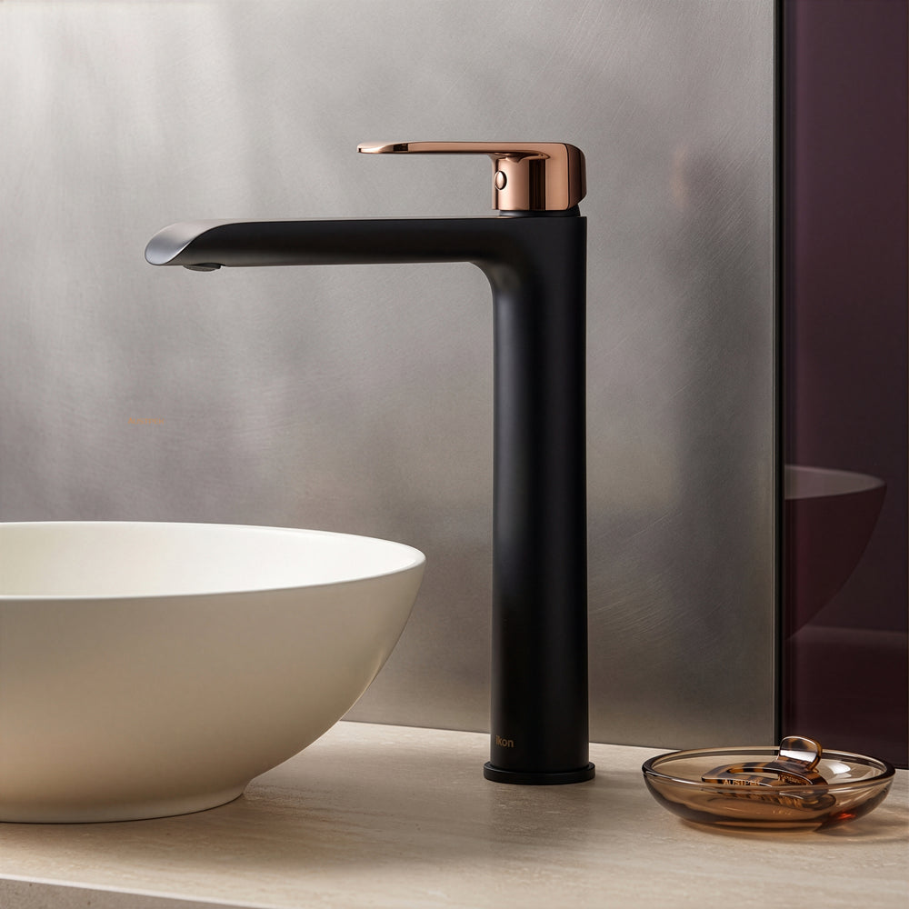 IKON KARA HIGH RISE BASIN MIXER 278MM MATTE BLACK AND ROSE GOLD