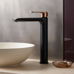 IKON KARA HIGH RISE BASIN MIXER 278MM MATTE BLACK AND ROSE GOLD