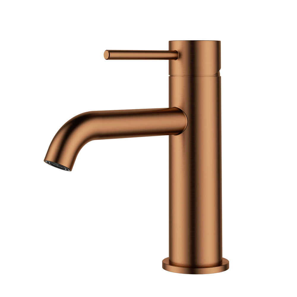 IKON OTUS LEAD FREE SLIMLINE CURVED SPOUT BASIN MIXER 170MM BRUSHED COPPER