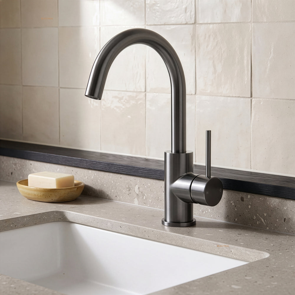 IKON OTUS SLIMLINE GOOSENECK SINK MIXER 341MM GUN METAL