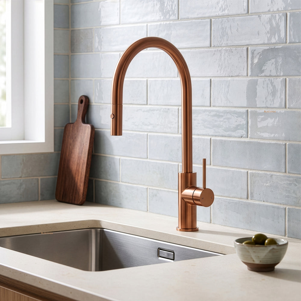 IKON OTUS SLIMLINE SS GOOSENECK PULL OUT SINK MIXER 440MM BRUSHED COPPER
