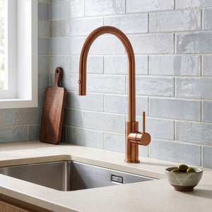 IKON OTUS SLIMLINE SS GOOSENECK PULL OUT SINK MIXER 440MM BRUSHED COPPER