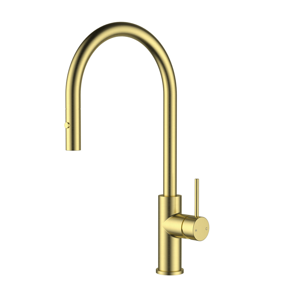 IKON OTUS LEAD FREE SLIMLINE SS GOOSENECK PULL OUT SINK MIXER 440MM BRUSHED GOLD
