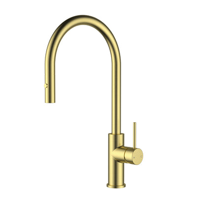 IKON OTUS LEAD FREE SLIMLINE SS GOOSENECK PULL OUT SINK MIXER 440MM BRUSHED GOLD