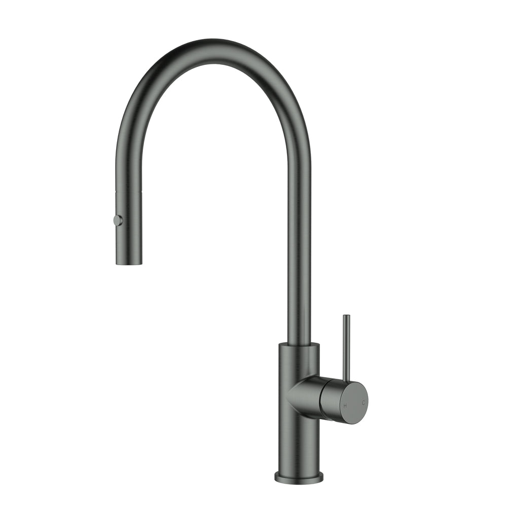 IKON OTUS LEAD FREE SLIMLINE SS GOOSENECK PULL OUT SINK MIXER 440MM GUN METAL