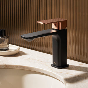 IKON SETO BASIN MIXER 168MM MATTE BLACK AND ROSE GOLD