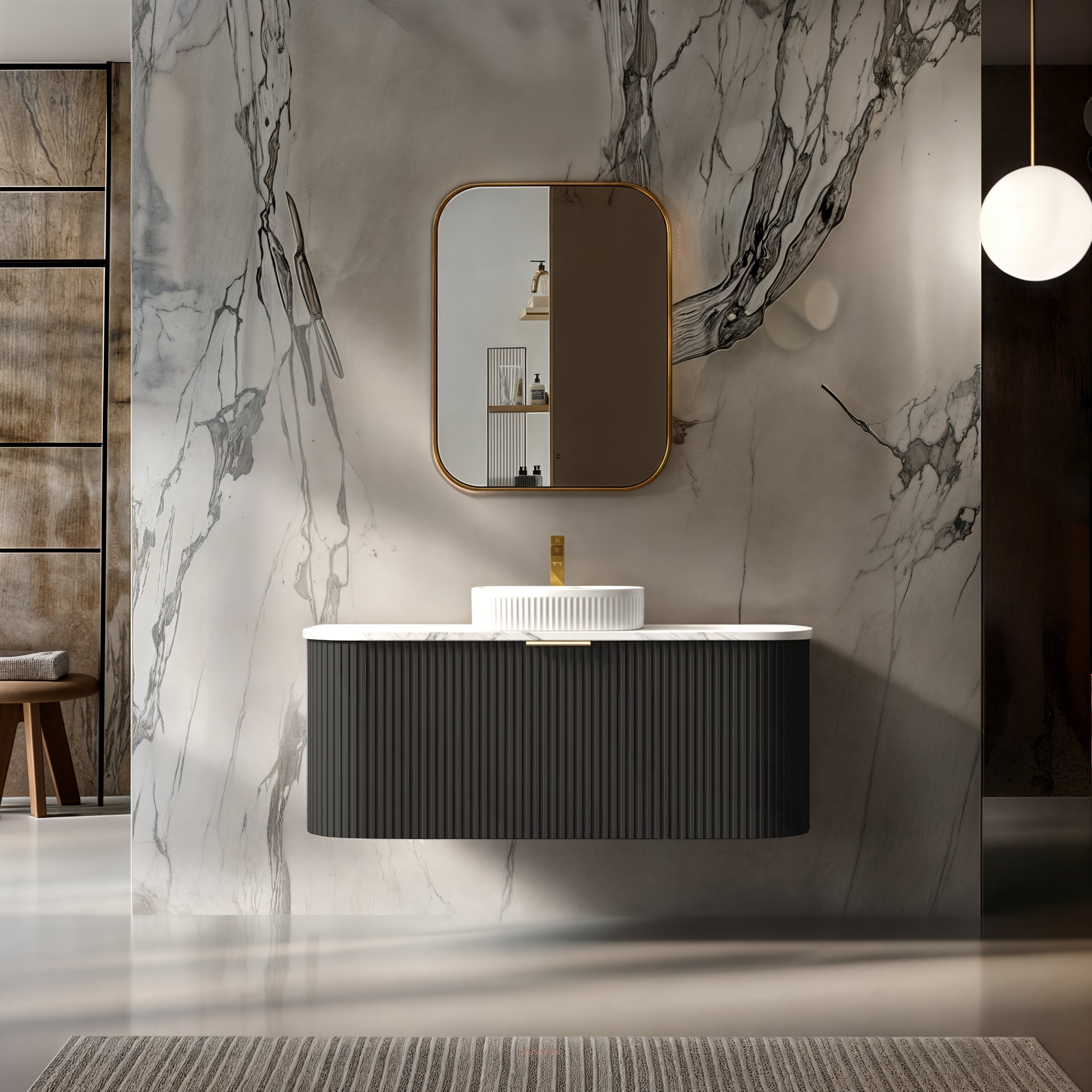 INFINITY RIO BLACK 1200MM CURVE SINGLE BOWL WALL HUNG VANITY W/ GERMAN HETTICH RUNNERS