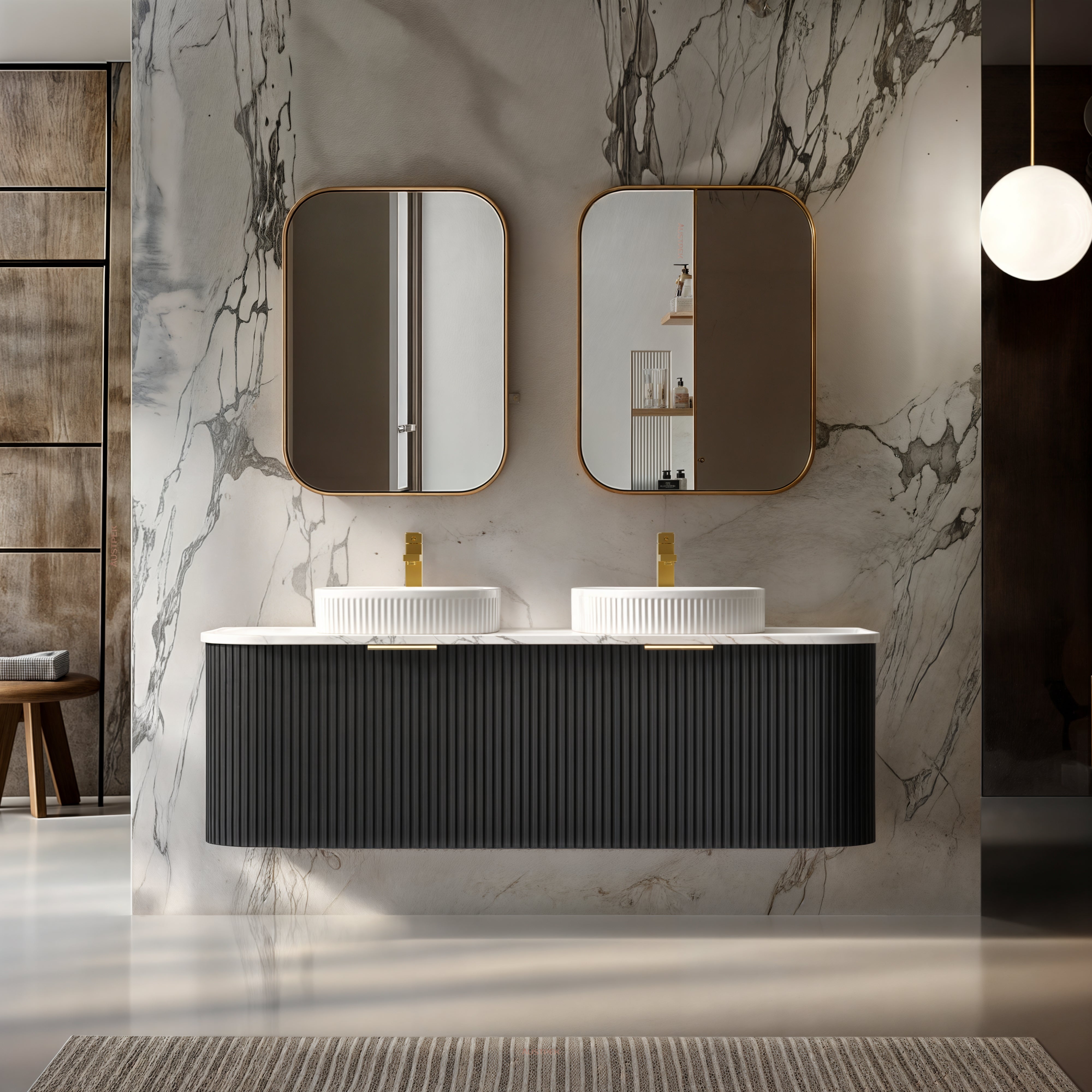 INFINITY RIO BLACK 1500MM CURVE DOUBLE BOWL WALL HUNG VANITY W/ GERMAN HETTICH RUNNERS
