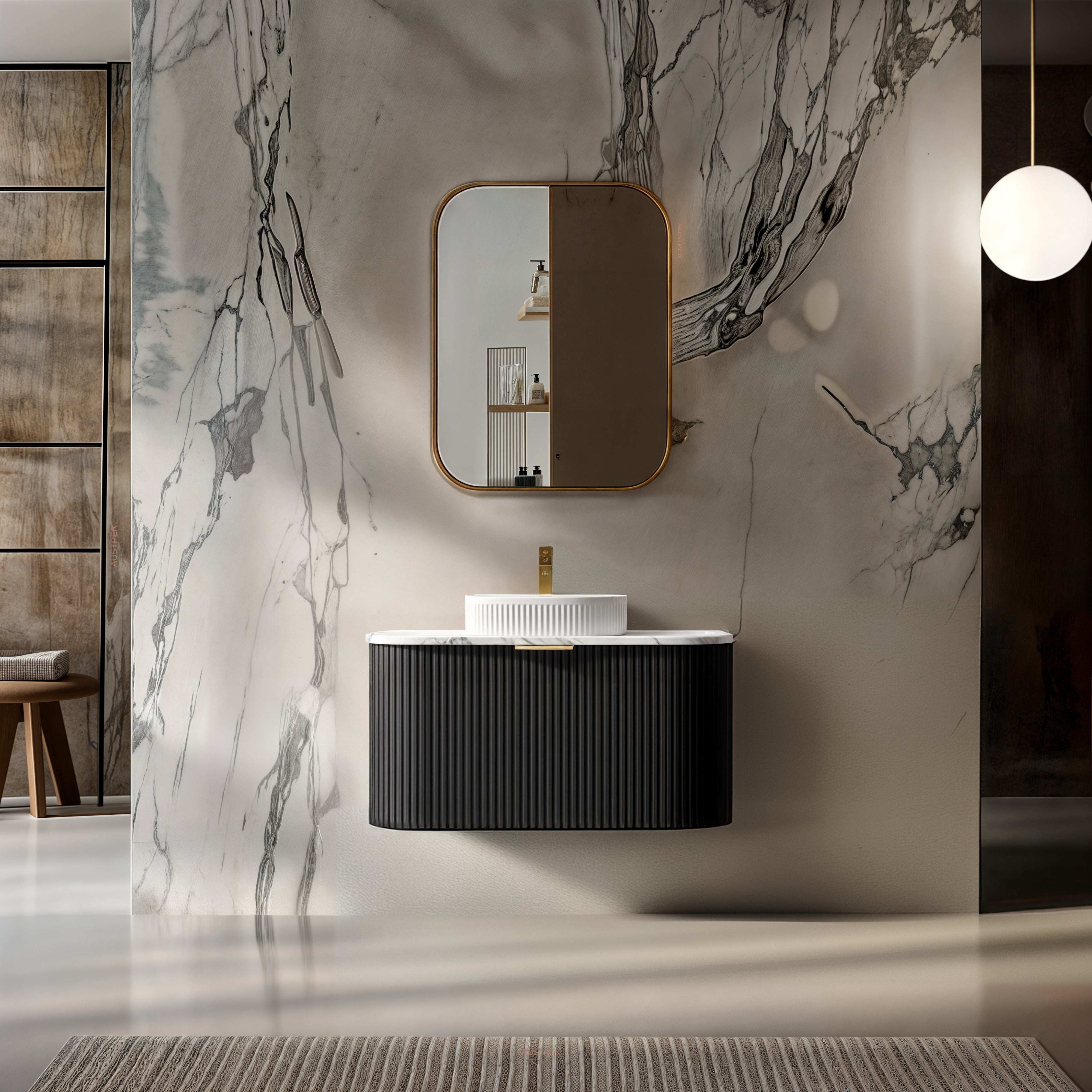 INFINITY RIO BLACK 900MM CURVE SINGLE BOWL WALL HUNG VANITY W/ GERMAN HETTICH RUNNERS
