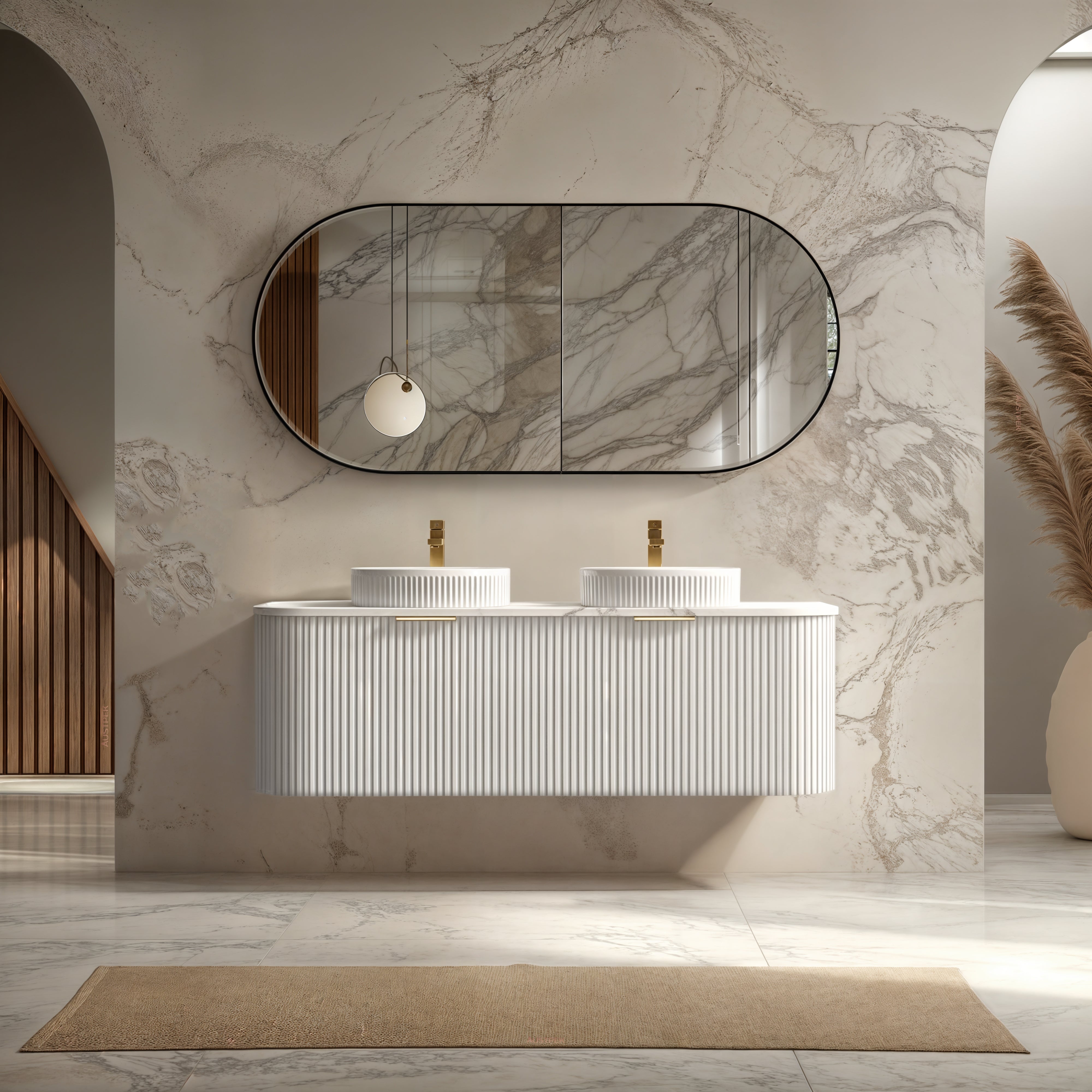 INFINITY RIO MATTE WHITE 1500MM CURVE DOUBLE BOWL WALL HUNG VANITY W/ GERMAN HETTICH RUNNERS