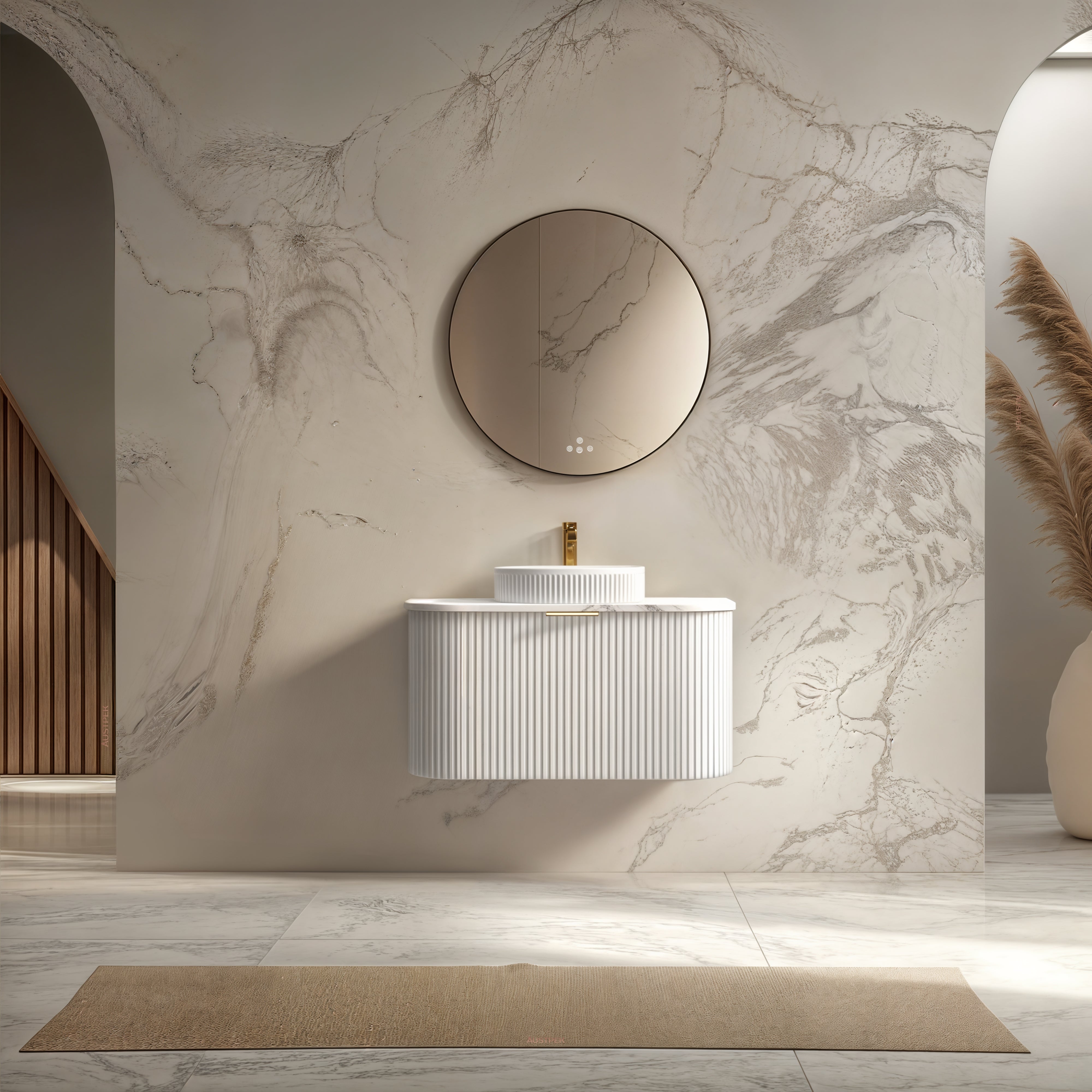 INFINITY RIO MATTE WHITE 900MM CURVED SINGLE BOWL WALL HUNG VANITY W/ GERMAN HETTICH RUNNERS
