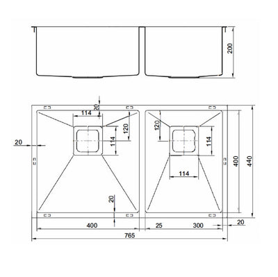 VEROTTI INOX 1 3/4 BOWL UNIVERSAL STAINLESS STEEL KITCHEN SINK 765MM (AVAILABLE IN LEFT OR RIGHT CONFIGURATION)
