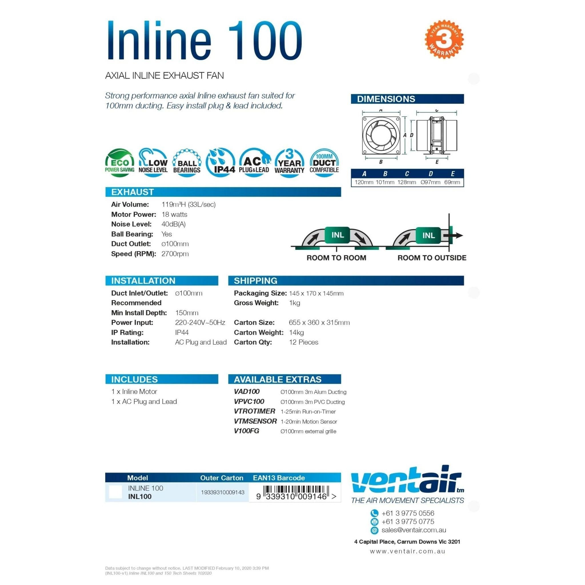 VENTAIR INLINE AXIAL EXHAUST FAN BLACK (AVAILABLE IN 100MM AND 150MM)