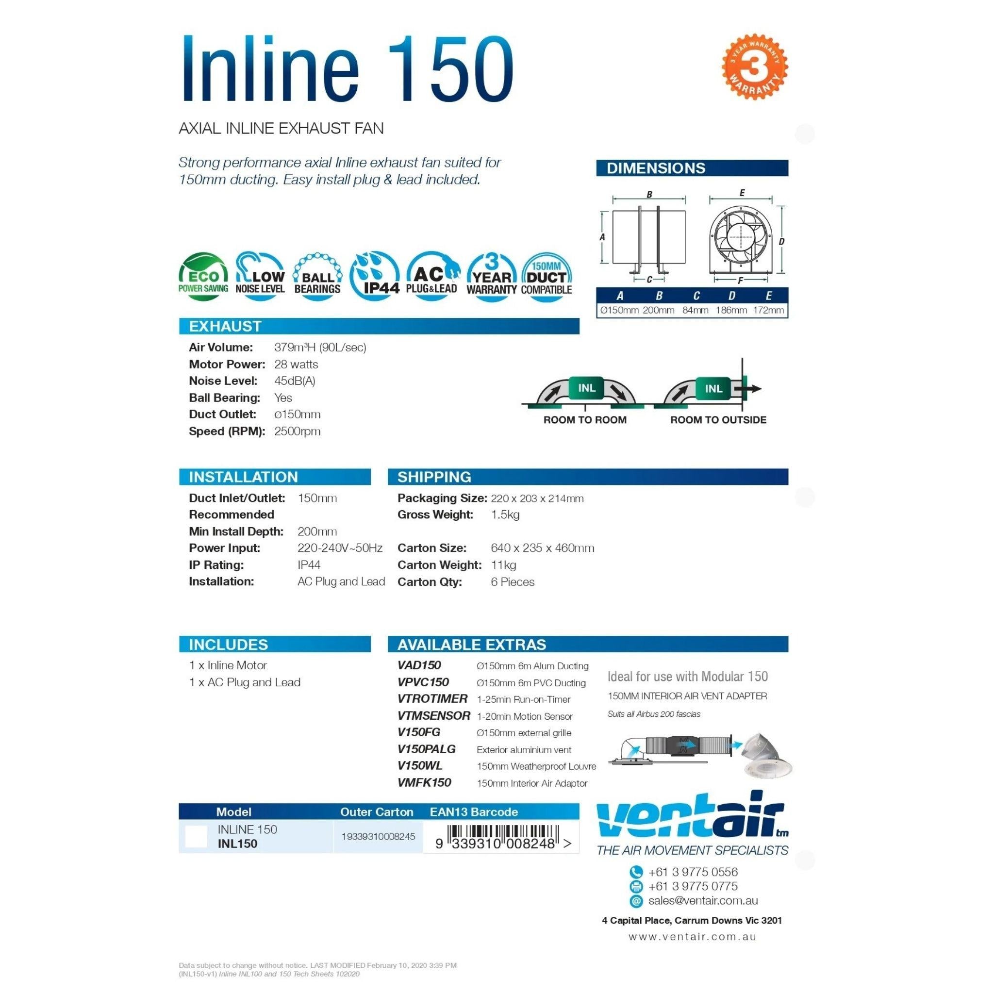 VENTAIR INLINE AXIAL EXHAUST FAN BLACK (AVAILABLE IN 100MM AND 150MM)