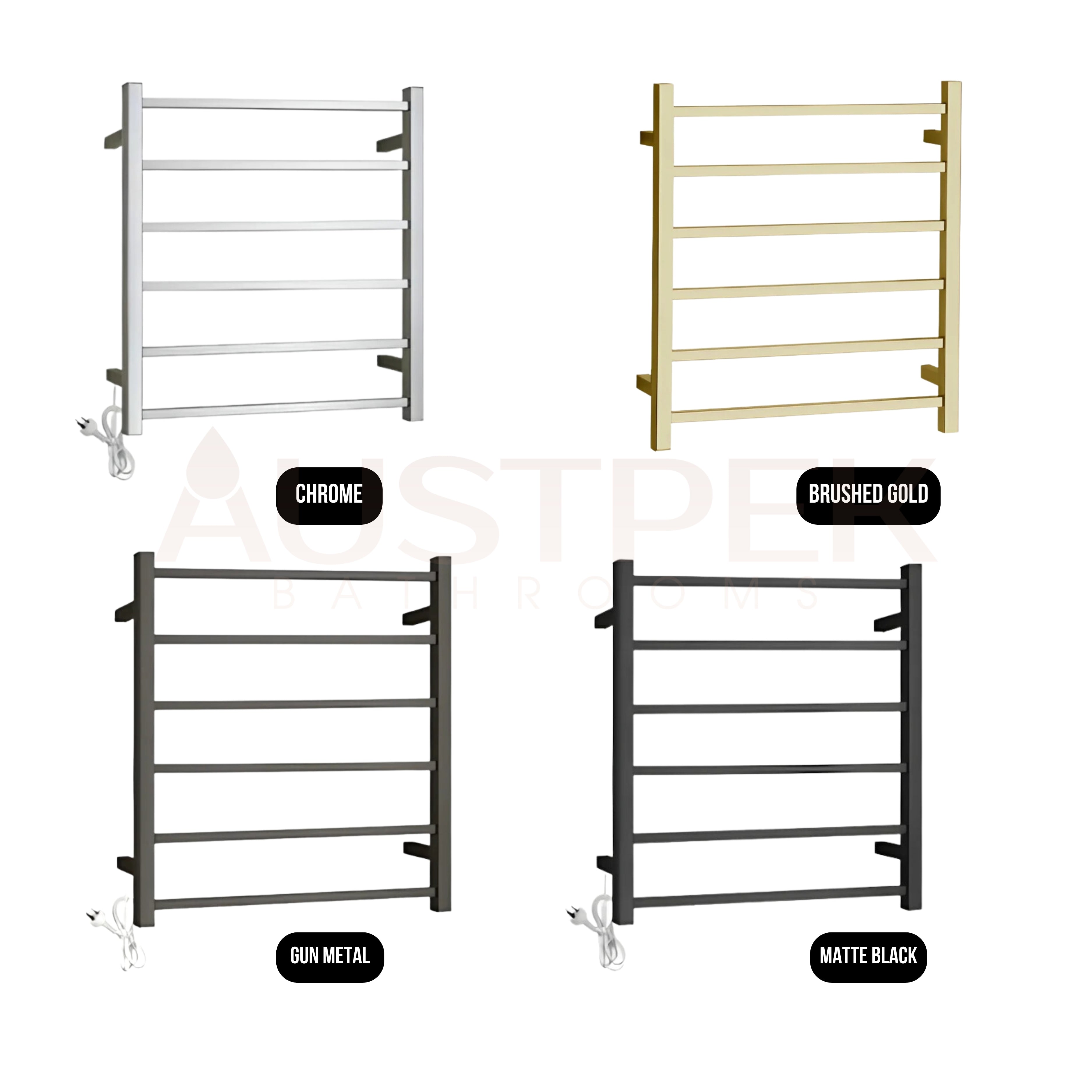 INSPIRE HEATED TOWEL RAIL 6 BAR SQUARE BRUSHED GOLD 680MM
