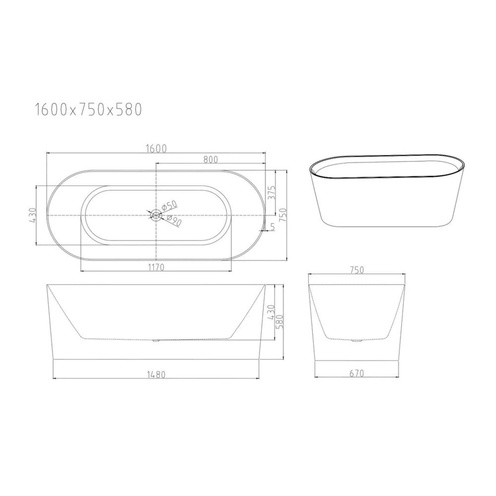 MERCIO ISEO FREESTANDING BATHTUB GLOSS WHITE (AVAILABLE IN MULTIPLE SIZES)