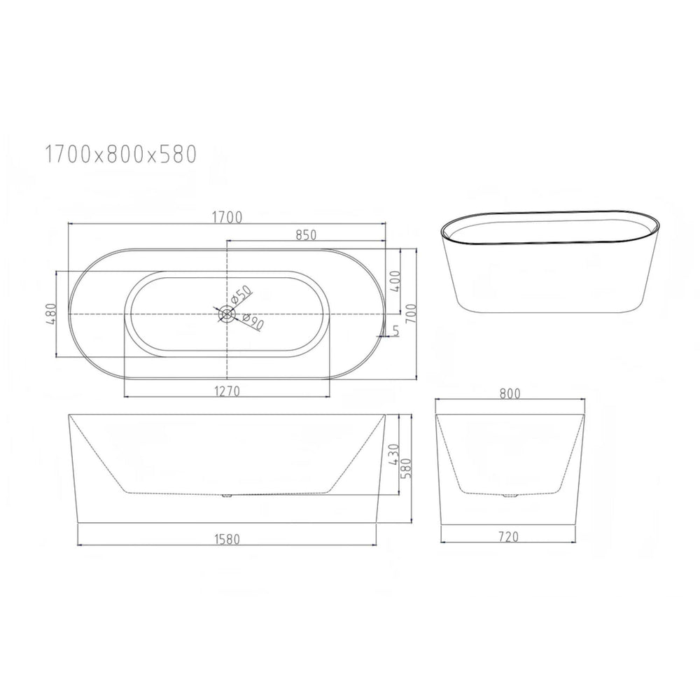 MERCIO ISEO FREESTANDING BATHTUB GLOSS WHITE (AVAILABLE IN MULTIPLE SIZES)