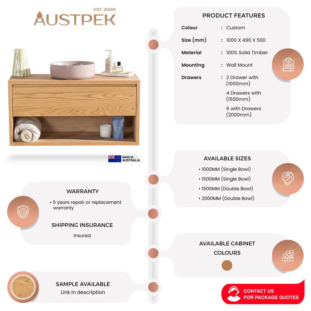 JR BESPOKE ISLA SOLID TIMBER CUSTOM WALL HUNG VANITY (ALL SIZING)