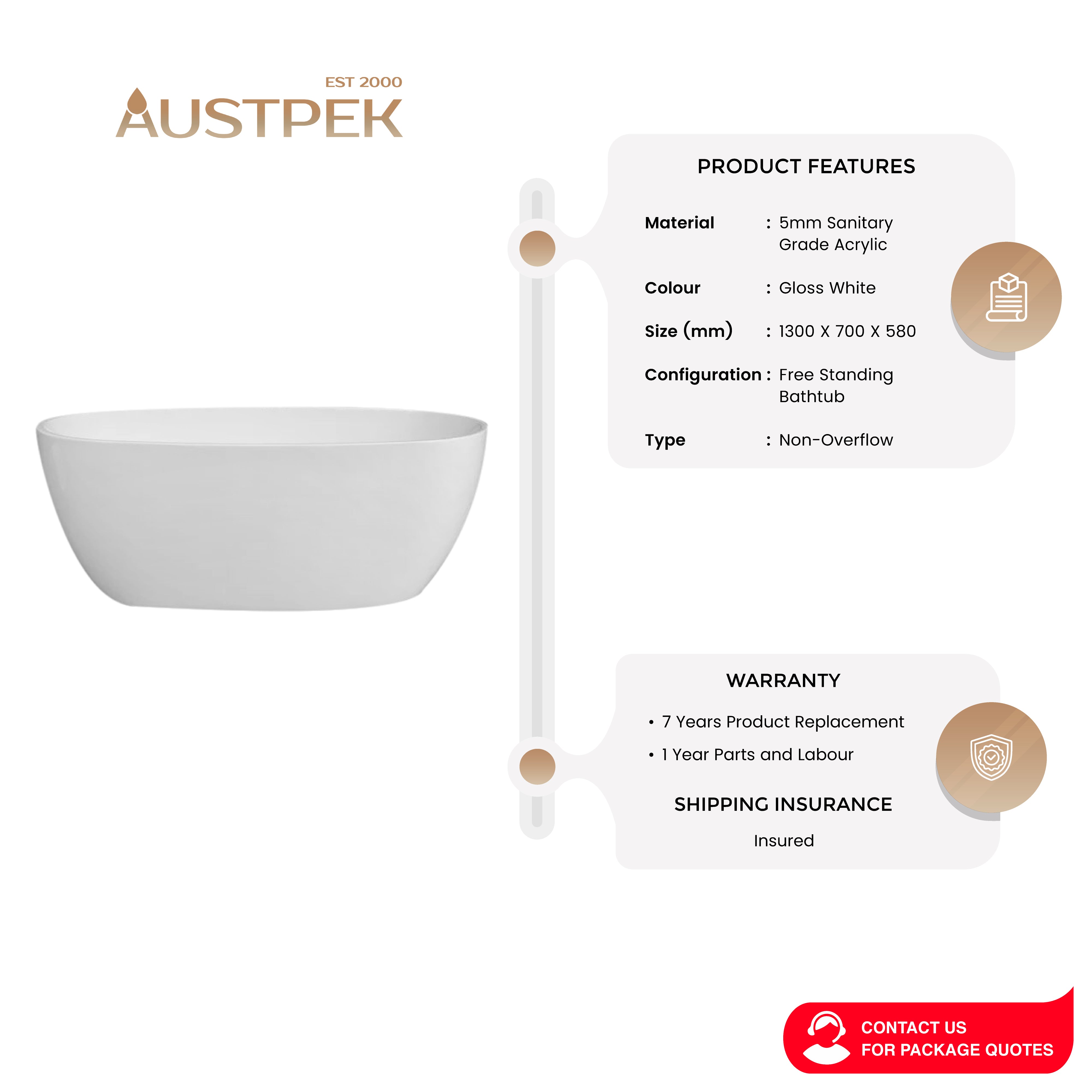 INSPIRE VINNY FREESTANDING BATHTUB GLOSS WHITE 1300MM