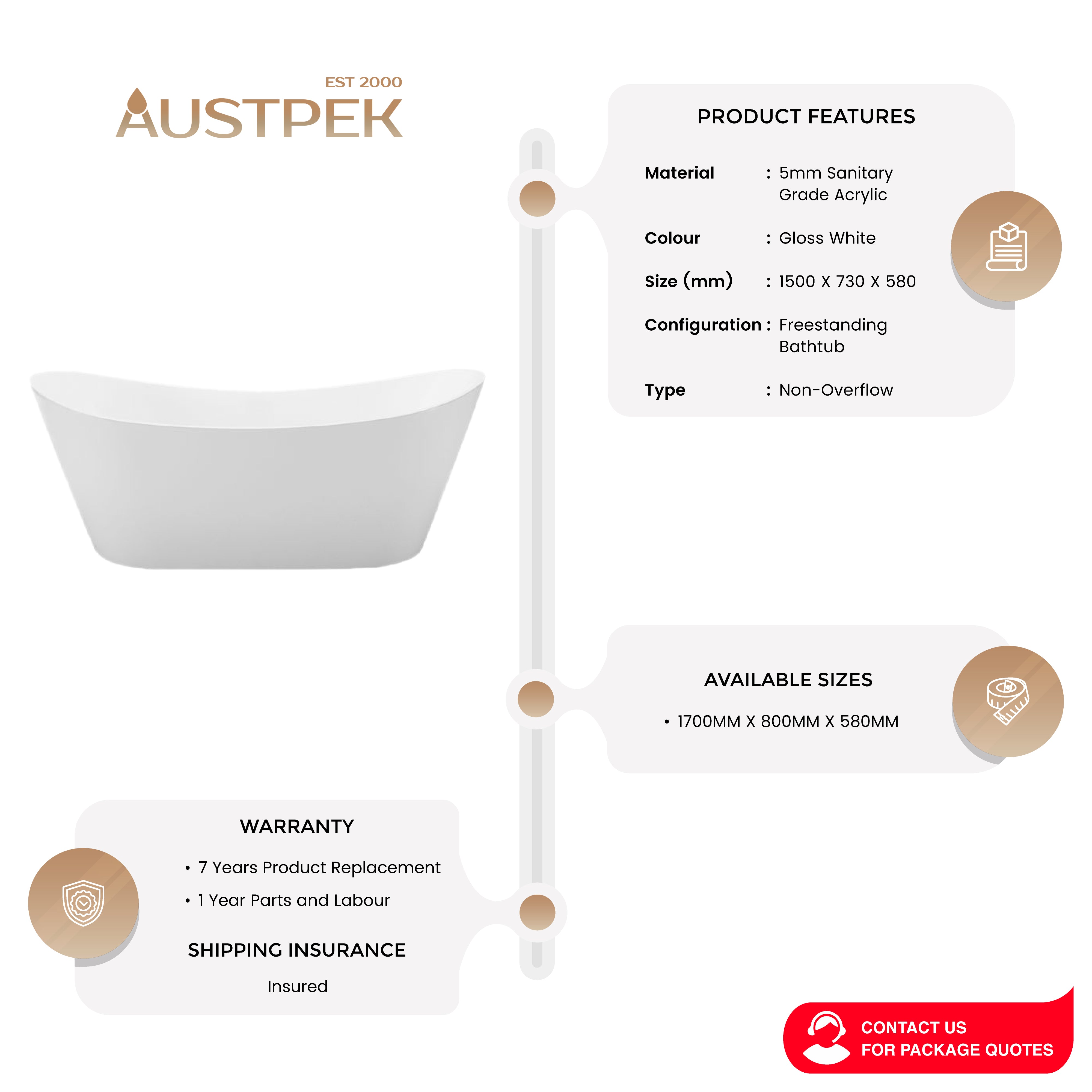 INSPIRE VIVA HIGH BACK FREESTANDING BATHTUB GLOSS WHITE (AVAILABLE IN 1500MM AND 1700MM)