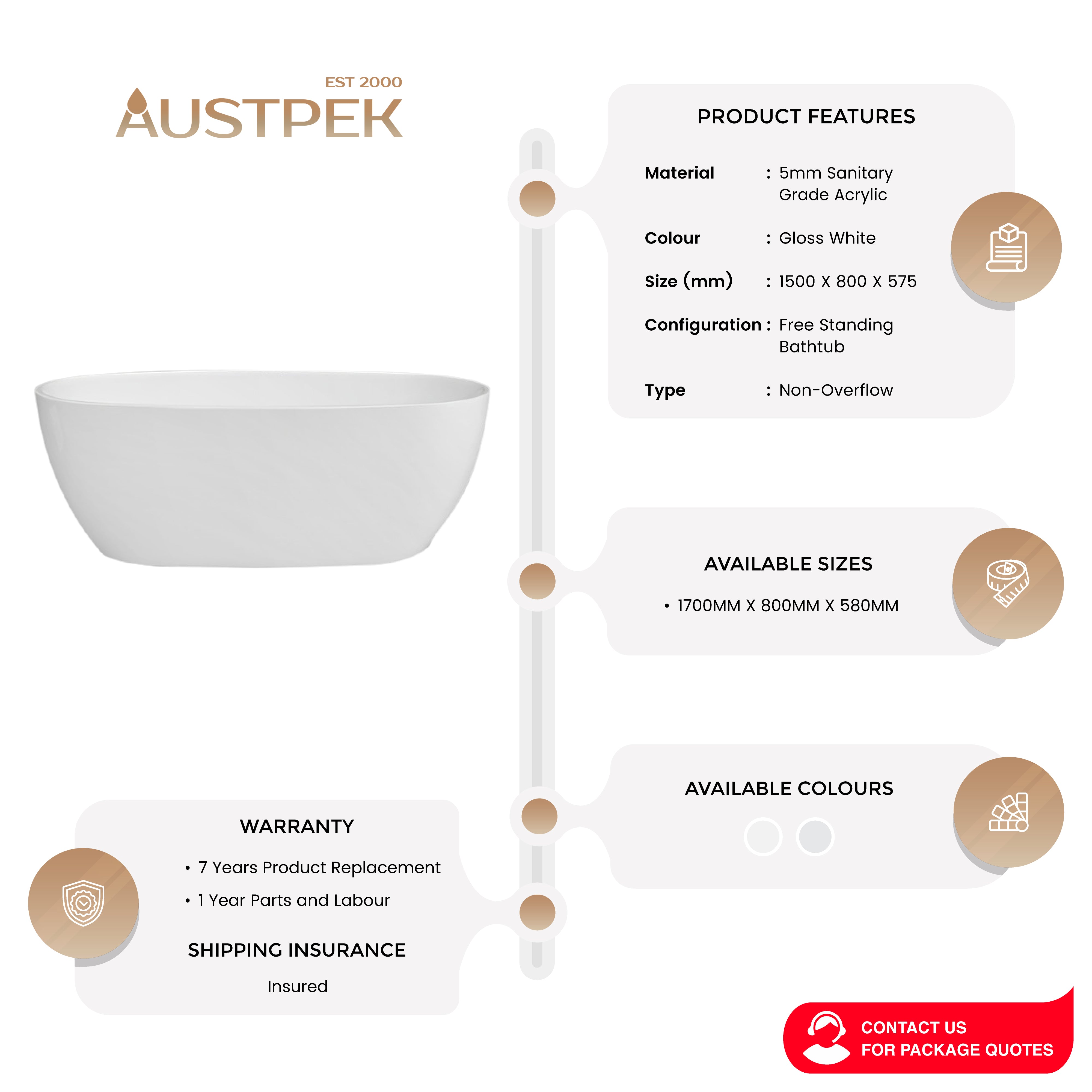 INSPIRE VINNY FREESTANDING BATHTUB GLOSS WHITE (AVAILABLE IN 1500MM AND 1700MM)