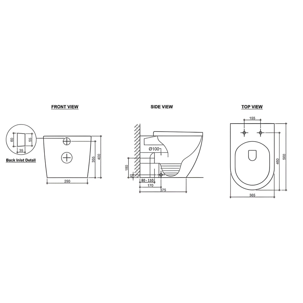 INSPIRE VOGHERA RIMLESS WALL-FACED TOILET PAN GLOSS WHITE