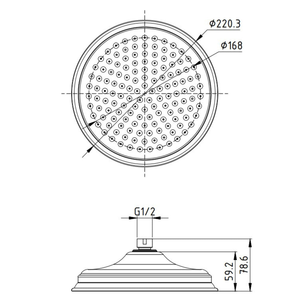 IKON CLASICO LEAD FREE SHOWER HEAD 220MM BRUSHED NICKEL