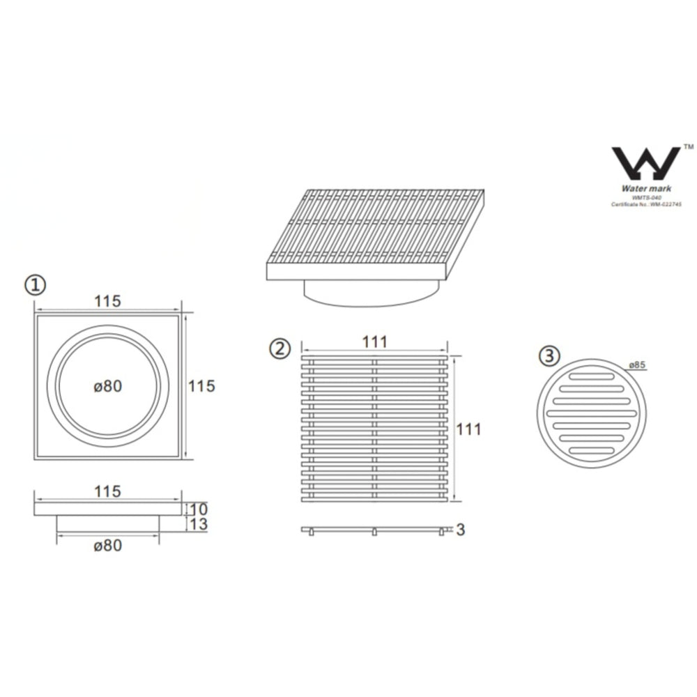 INFINITY GRILLS SQUARE TILE INSERT FLOOR DRAIN 115MM CHROME