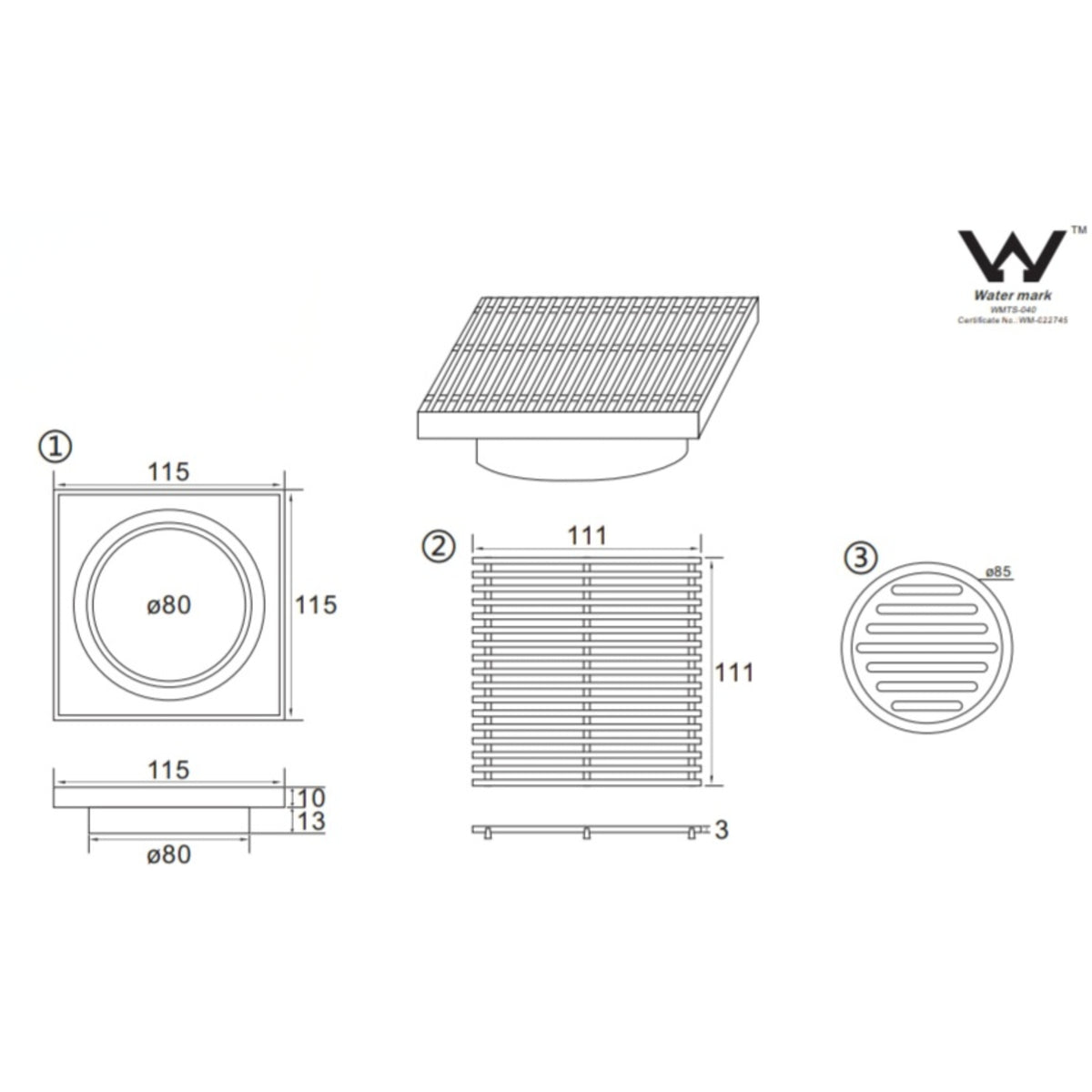 INFINITY GRILLS SQUARE TILE INSERT FLOOR DRAIN 115MM CHROME