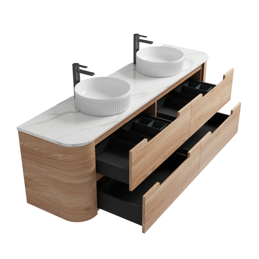 AULIC BRIONY REAL TIMBER 1500MM CURVE DOUBLE BOWL WALL HUNG VANITY