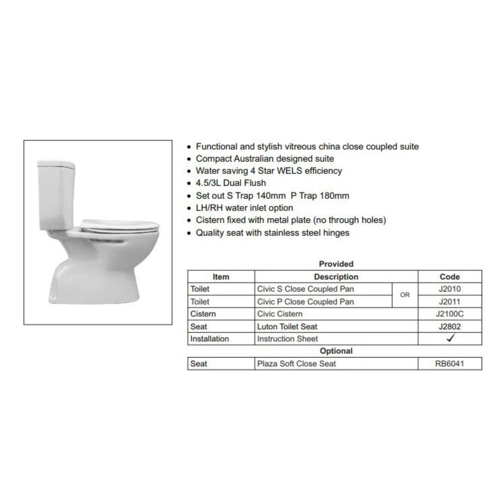 JOHNSON SUISSE CIVIC CLOSE COUPLED TOILET GLOSS WHITE