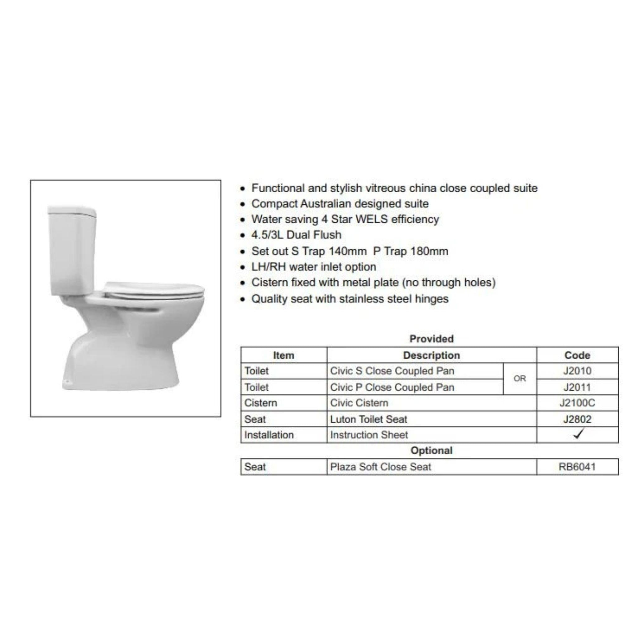 JOHNSON SUISSE CIVIC CLOSE COUPLED TOILET GLOSS WHITE