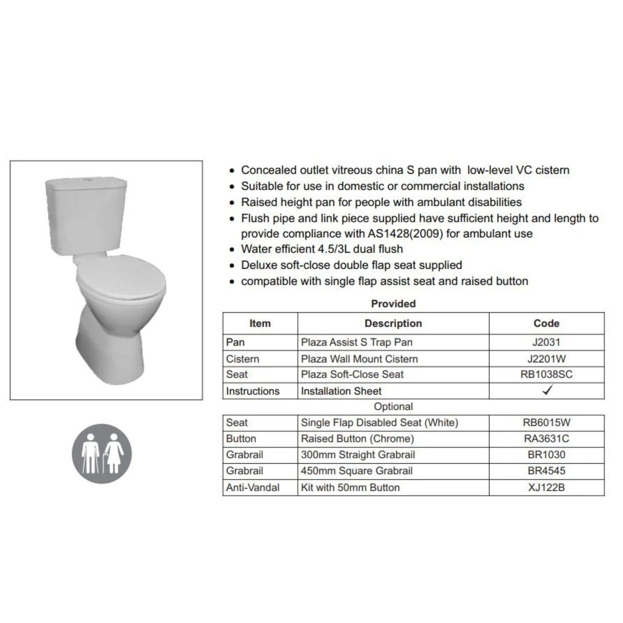 JOHNSON SUISSE PLAZA DELUXE VC AMBULANT TOILET SUITE GLOSS WHITE