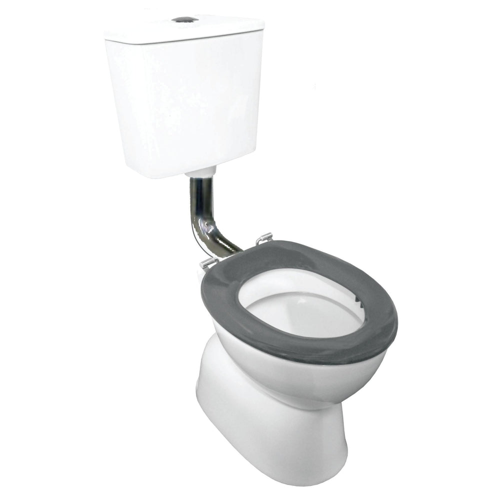 JOHNSON SUISSE PLAZA SCHOOL-WISE AMBULANT DELUXE CLOSE COUPLED VC LINK S TRAP TOILET SUITE WHITE WITH GREY SEAT AND CHROME BUTTON