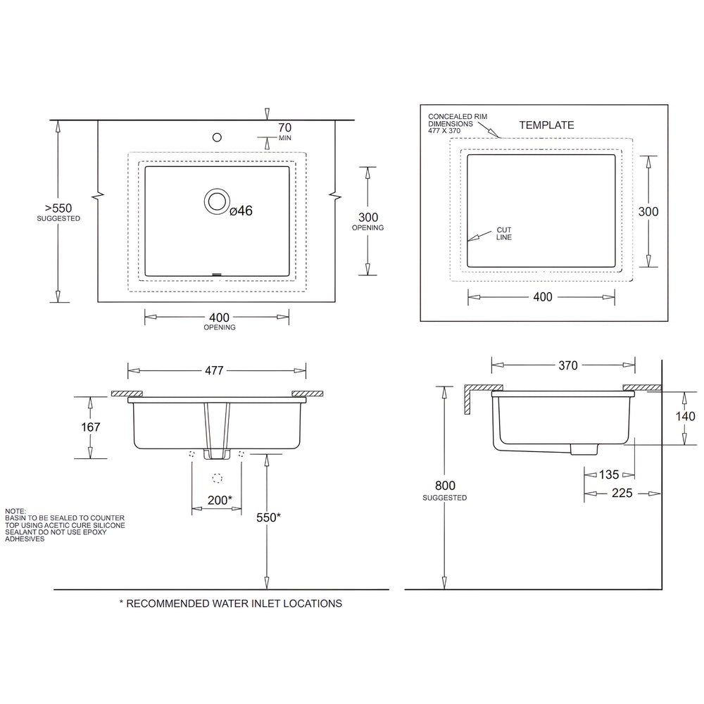 JOHNSON SUISSE QUADO RECTANGULAR UNDER COUNTER BASINS WHITE 477MM
