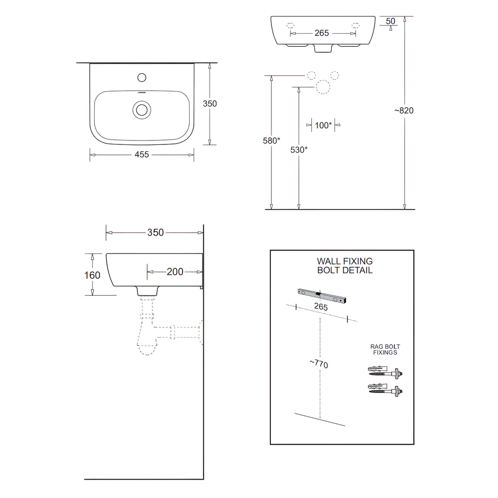 JOHNSON SUISSE EMILIA WALL HUNG BASINS WHITE 450MM