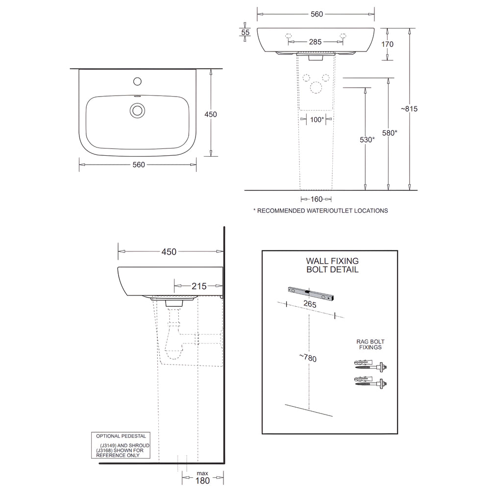 JOHNSON SUISSE EMILIA WALL HUNG BASINS WHITE 560MM