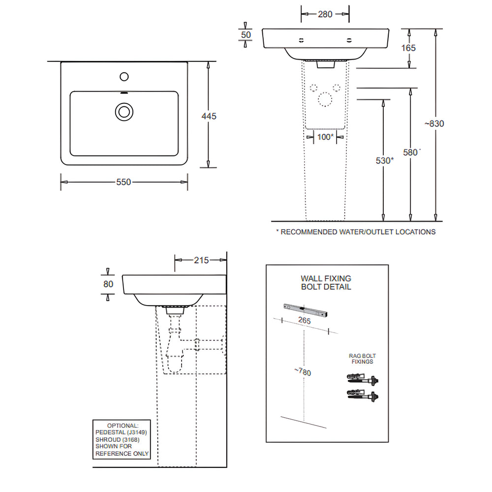 JOHNSON SUISSE QUADO RECTANGULAR WALL HUNG BASINS WHITE 550MM