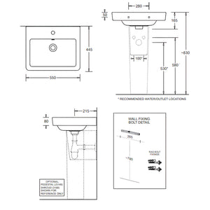 JOHNSON SUISSE QUADO RECTANGULAR WALL HUNG BASINS WITH BOTTLE TRAP WHITE 550MM