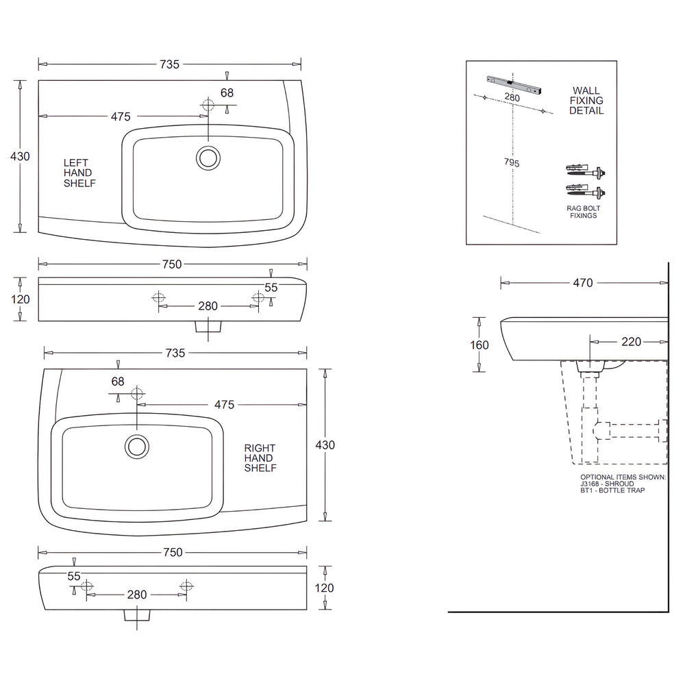 JOHNSON SUISSE LUCCA LEFT HAND SHELF BASINS NO TAPHOLE WHITE 750MM