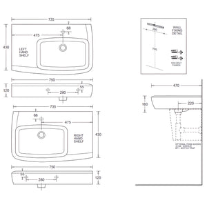JOHNSON SUISSE LUCCA LEFT HAND SHELF BASINS NO TAPHOLE WITH BOTTLE TRAP WHITE 750MM