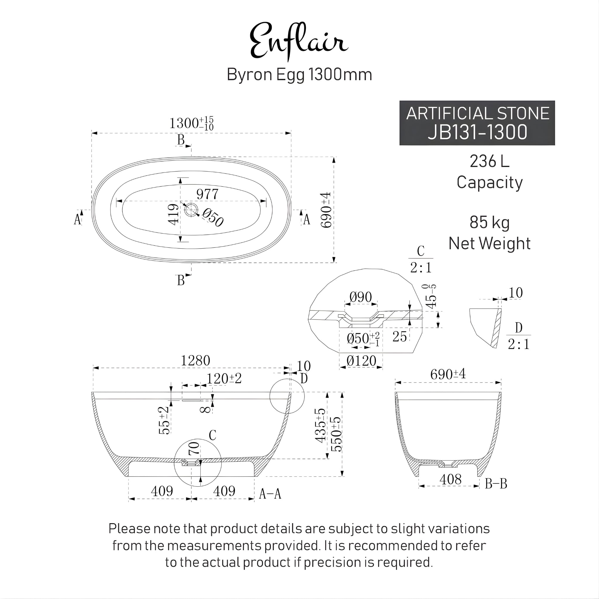 ENFLAIR BYRON EGG FREESTANDING BATHTUB WITH OVERFLOW GLOSS WHITE (MULTIPLE SIZES AVAILABLE)