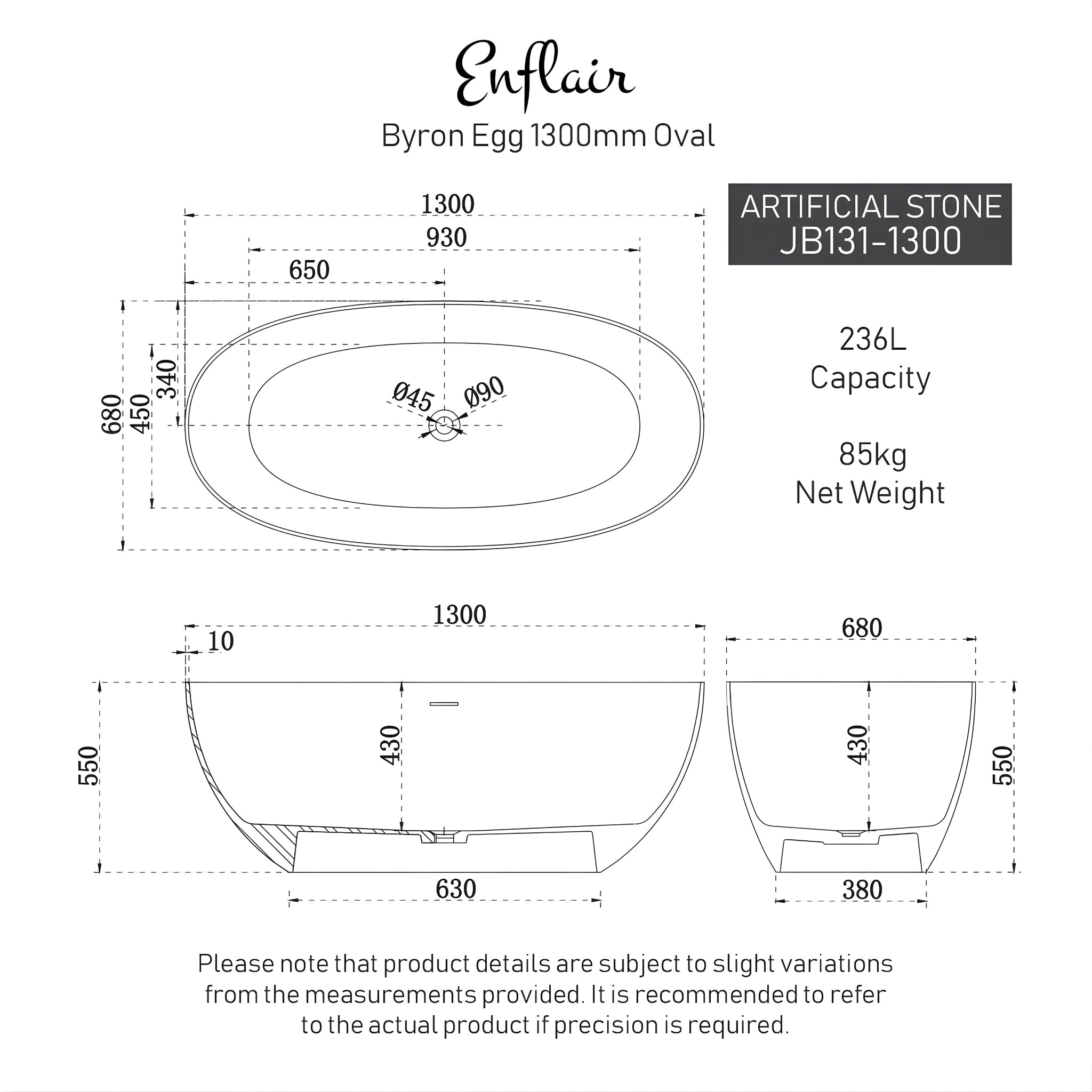 ENFLAIR BYRON EGG FREESTANDING BATHTUB WITH OVERFLOW MATTE WHITE (MULTIPLE SIZES AVAILABLE)