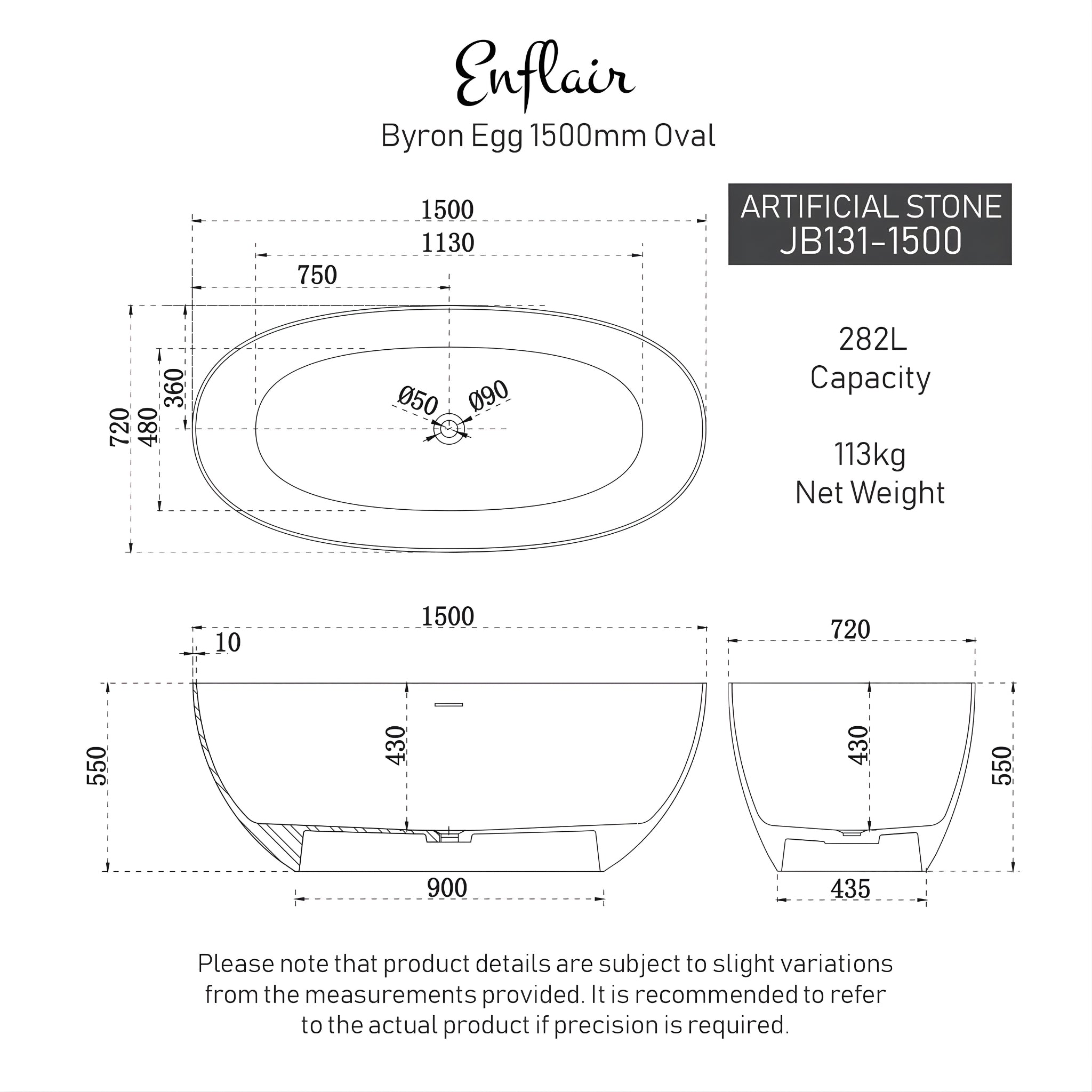 ENFLAIR BYRON EGG FREESTANDING BATH WITH OVERFLOW MATTE BLACK (MULTIPLE SIZES AVAILABLE)