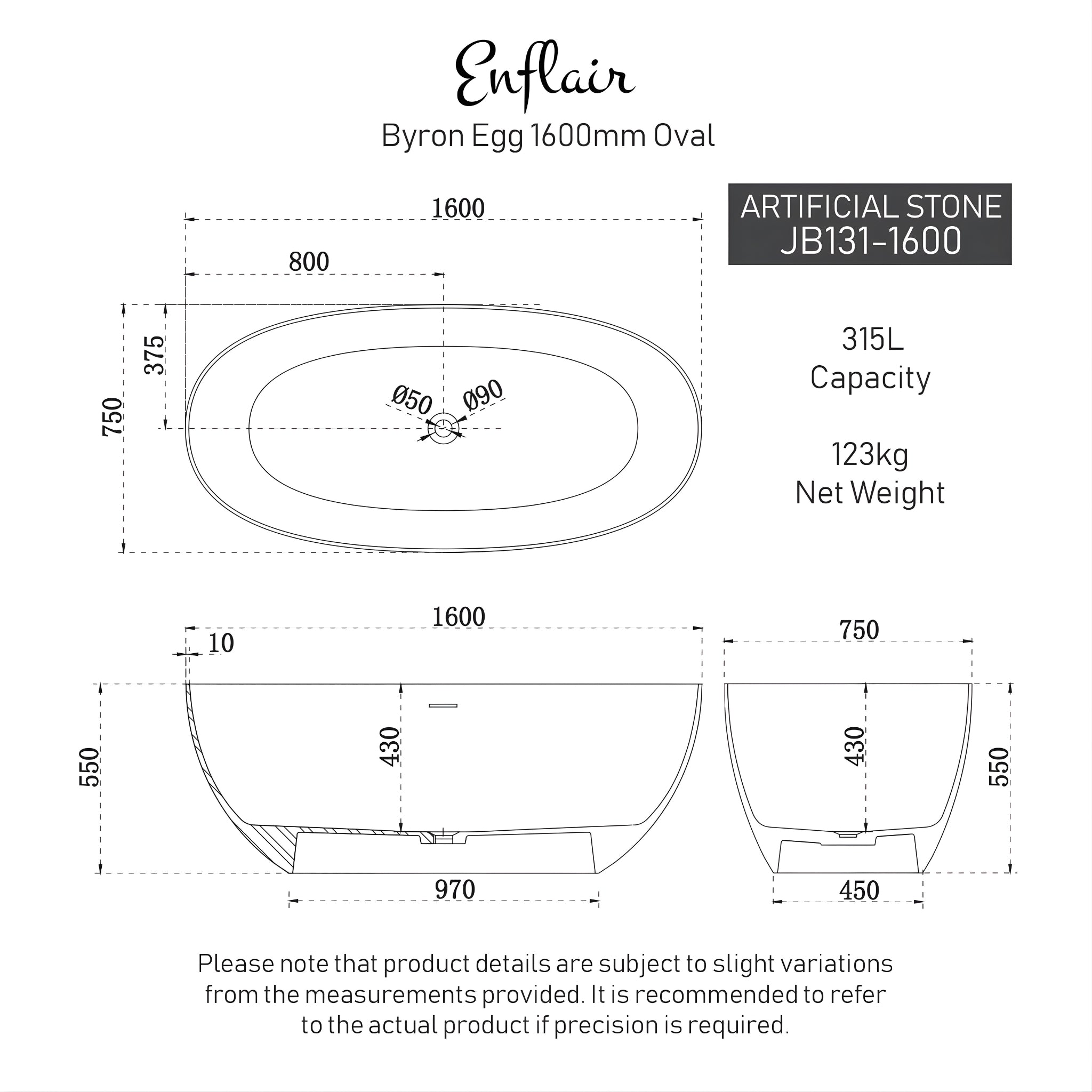 ENFLAIR BYRON EGG FREESTANDING BATHTUB WITH OVERFLOW MATTE WHITE (MULTIPLE SIZES AVAILABLE)