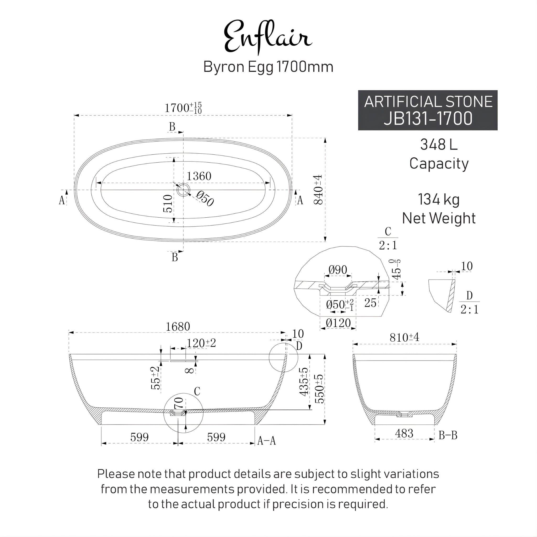 ENFLAIR BYRON EGG FREESTANDING BATHTUB WITH OVERFLOW GLOSS WHITE (MULTIPLE SIZES AVAILABLE)