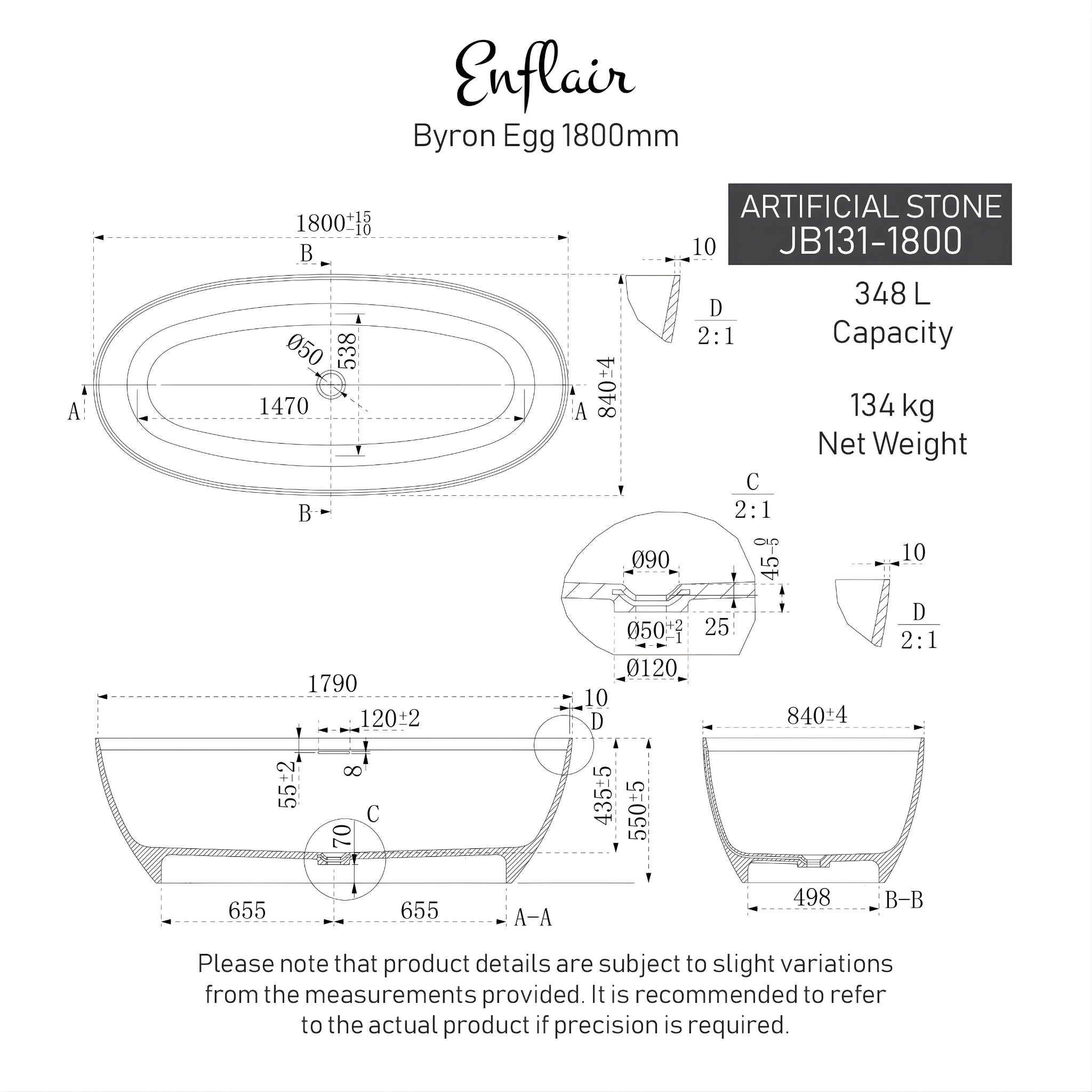 ENFLAIR BYRON EGG FREESTANDING BATHTUB WITH OVERFLOW GLOSS WHITE (MULTIPLE SIZES AVAILABLE)