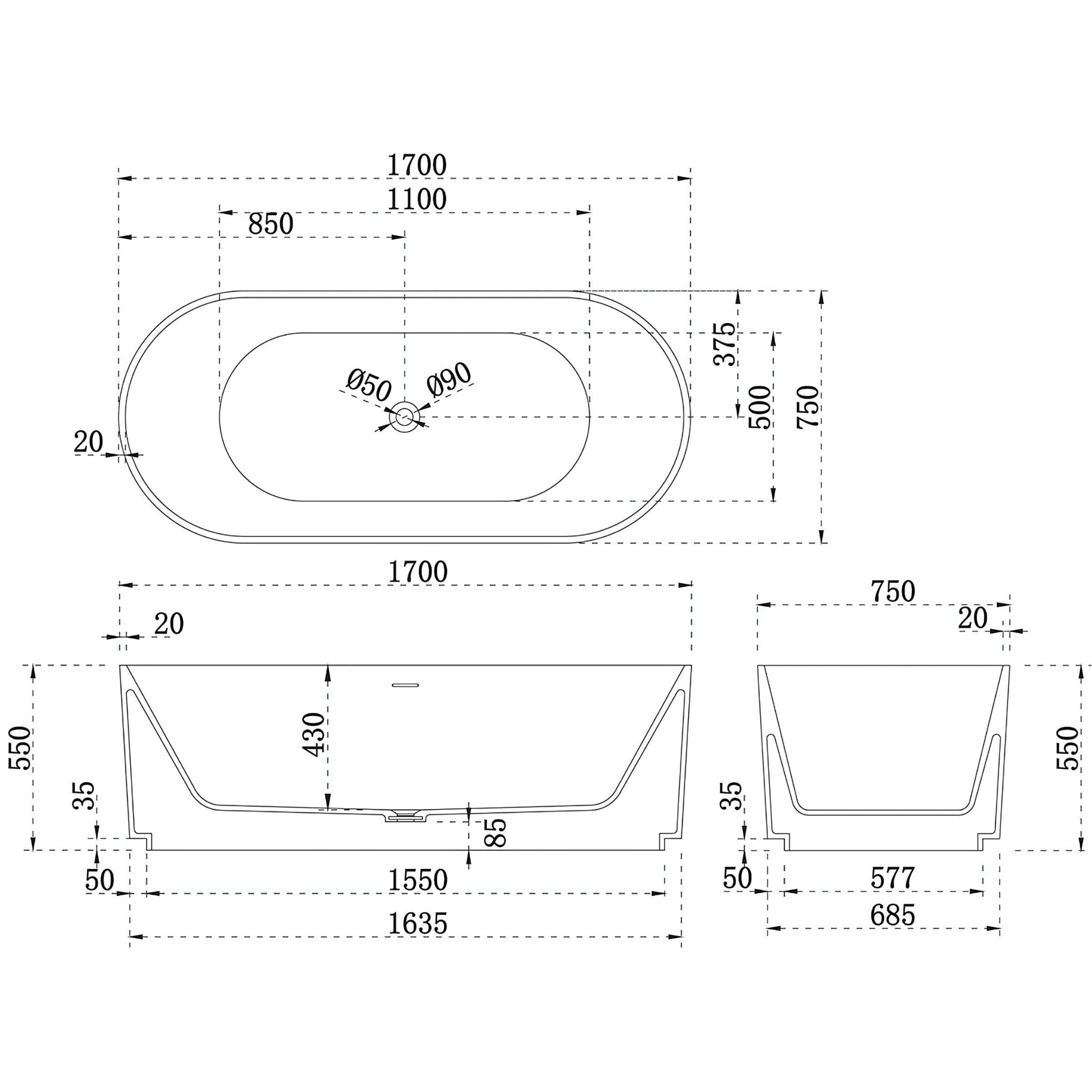 ENFLAIR BRIGHTON GROOVE FLUTED FREESTANDING BATH WITH OVERFLOW MATTE WHITE 1700MM