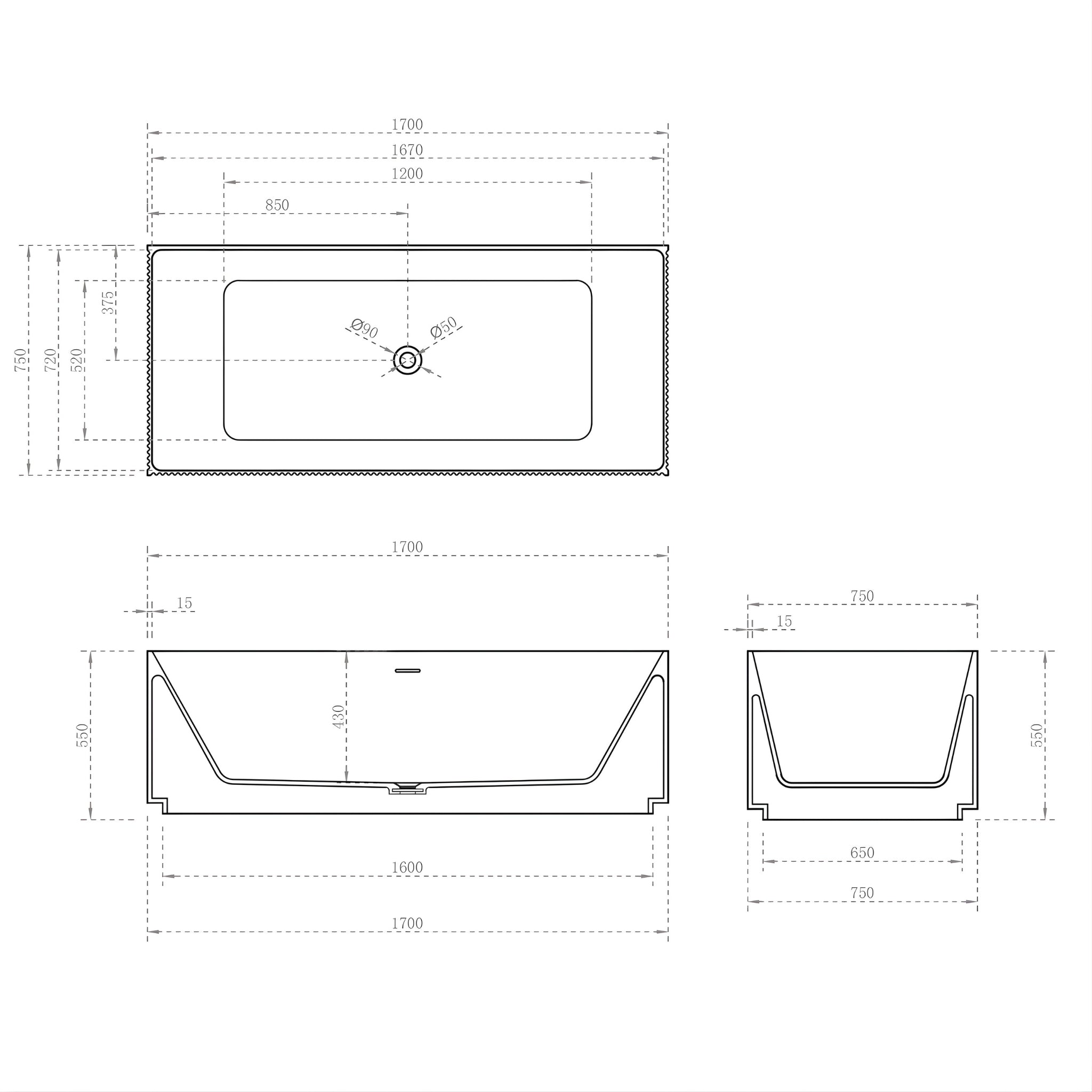 ENFLAIR CUBIX GROOVE FLUTED MULTI-FIT FREESTANDING BATHTUB WITH OVERFLOW MATTE WHITE 1700MM